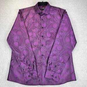 New Barry Wang Men Purple Paisley Jacquard Dress Shirt (L) Long Sleeve Button Up